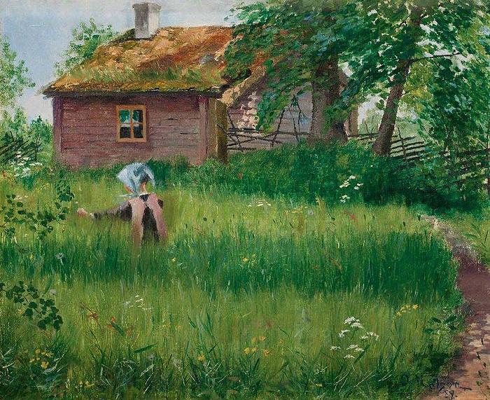 Olof Sager-Nelson Flicka pa blomsterang Norge oil painting art